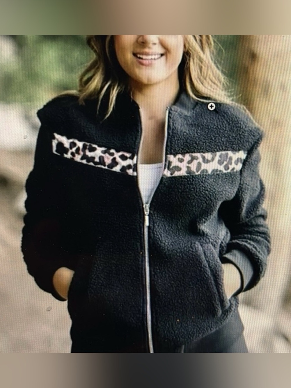 ZYIA Women’s Teddy Fleece Sherpa Bomber Jacket Leopard Stripe Full Zip Size L